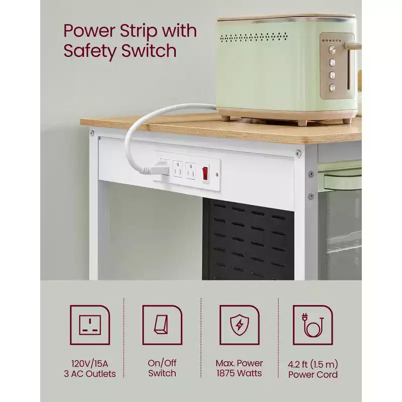Isola da cucina da 47" con 3 ripiani e ciabatta integrata – Ampio piano di lavoro, struttura in acciaio