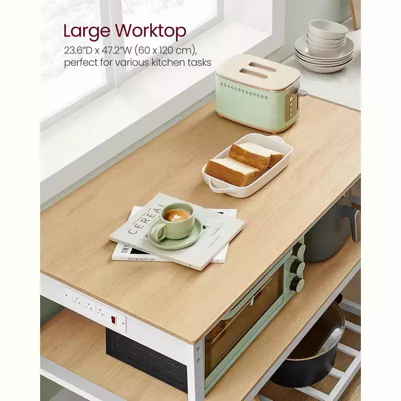 Isola da cucina da 47" con 3 ripiani e ciabatta integrata – Ampio piano di lavoro, struttura in acciaio