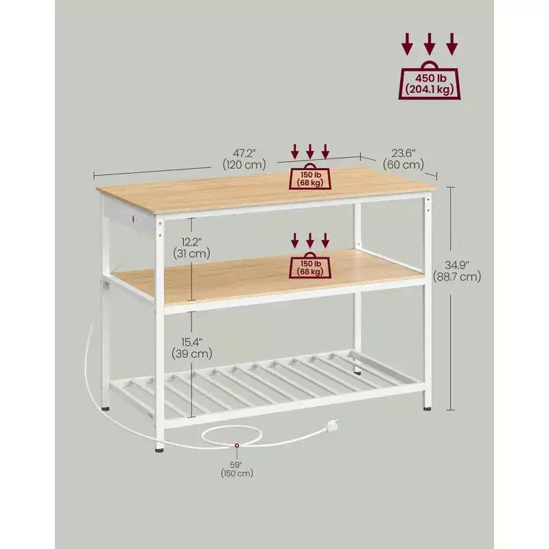 Isola da cucina da 47" con 3 ripiani e ciabatta integrata – Ampio piano di lavoro, struttura in acciaio