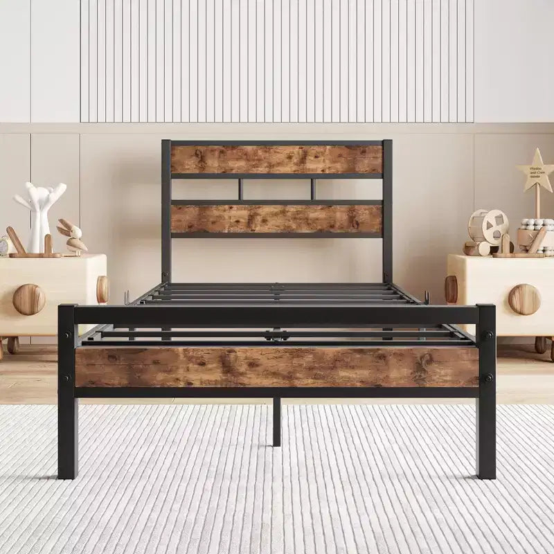 Struttura Letto con Testiera in Legno Rustico Vintage e Robuste Doghe in Metallo – Nessuna Rete a Molle Necessaria