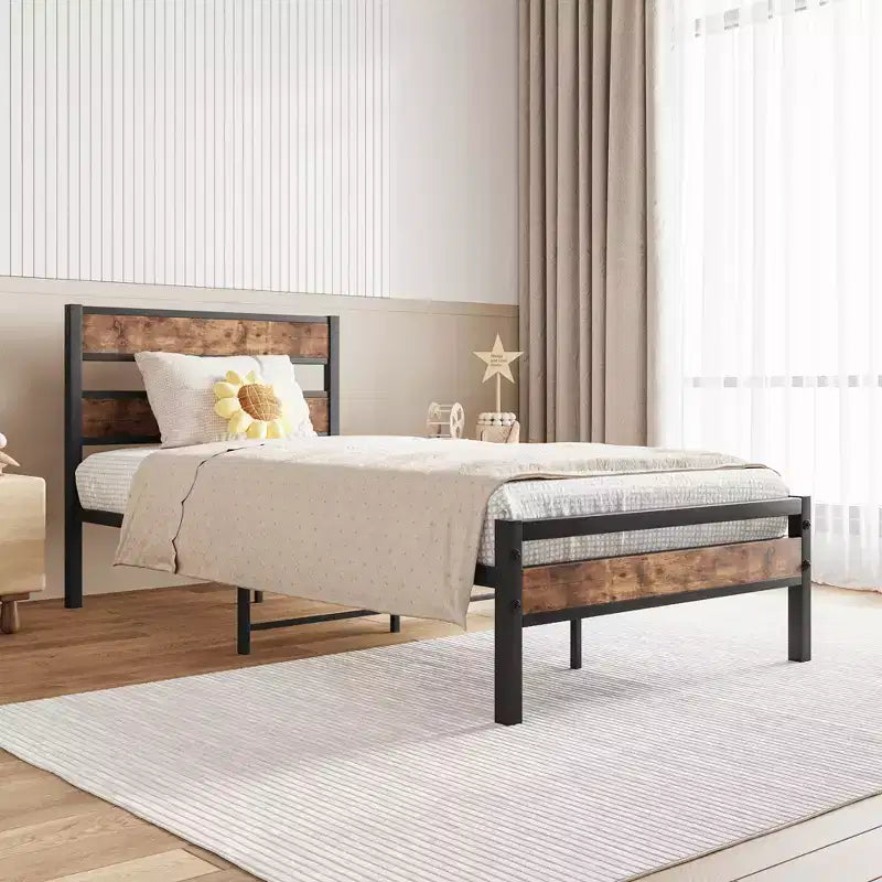 Struttura Letto con Testiera in Legno Rustico Vintage e Robuste Doghe in Metallo – Nessuna Rete a Molle Necessaria