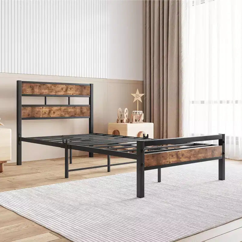 Struttura Letto con Testiera in Legno Rustico Vintage e Robuste Doghe in Metallo – Nessuna Rete a Molle Necessaria