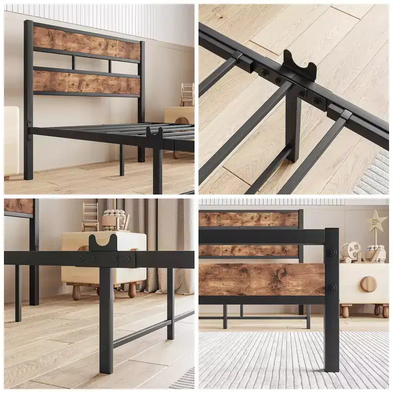 Struttura Letto con Testiera in Legno Rustico Vintage e Robuste Doghe in Metallo – Nessuna Rete a Molle Necessaria