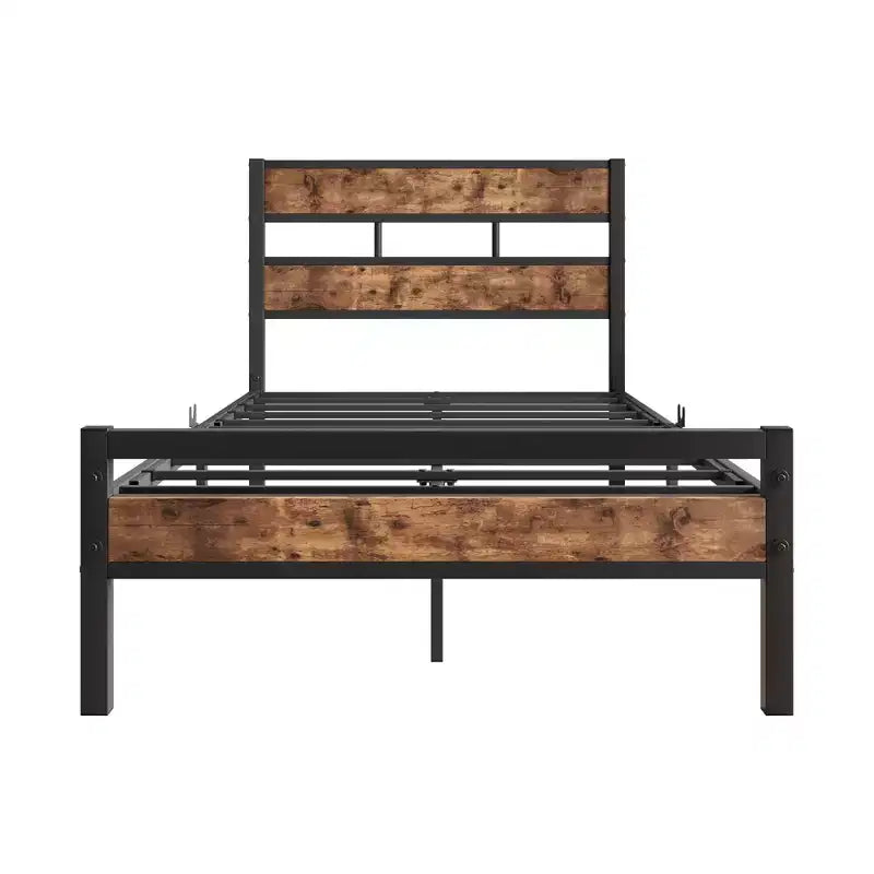 Struttura Letto con Testiera in Legno Rustico Vintage e Robuste Doghe in Metallo – Nessuna Rete a Molle Necessaria