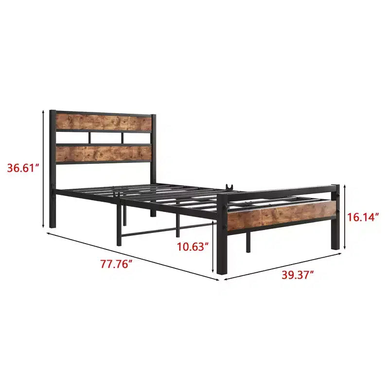Struttura Letto con Testiera in Legno Rustico Vintage e Robuste Doghe in Metallo – Nessuna Rete a Molle Necessaria