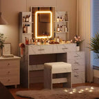 Toeletta con Specchio, Mobile Trucco con Cassetti e Stazione di Ricarica, 3 Colori di Illuminazione Regolabili