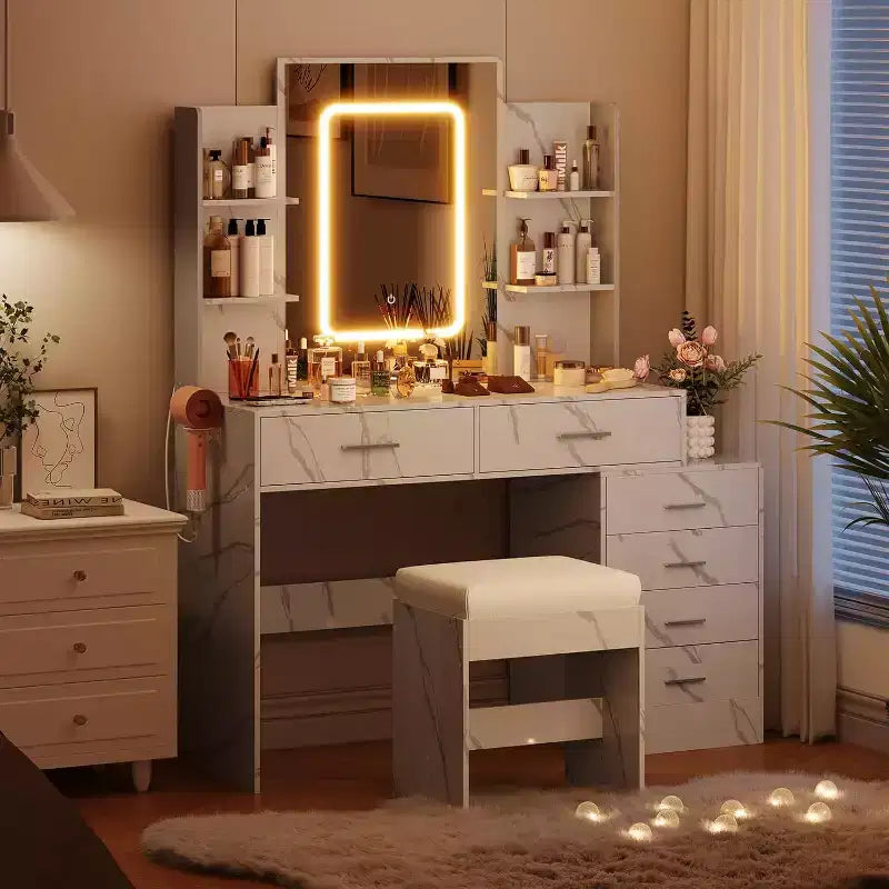 Toeletta con Specchio, Mobile Trucco con Cassetti e Stazione di Ricarica, 3 Colori di Illuminazione Regolabili