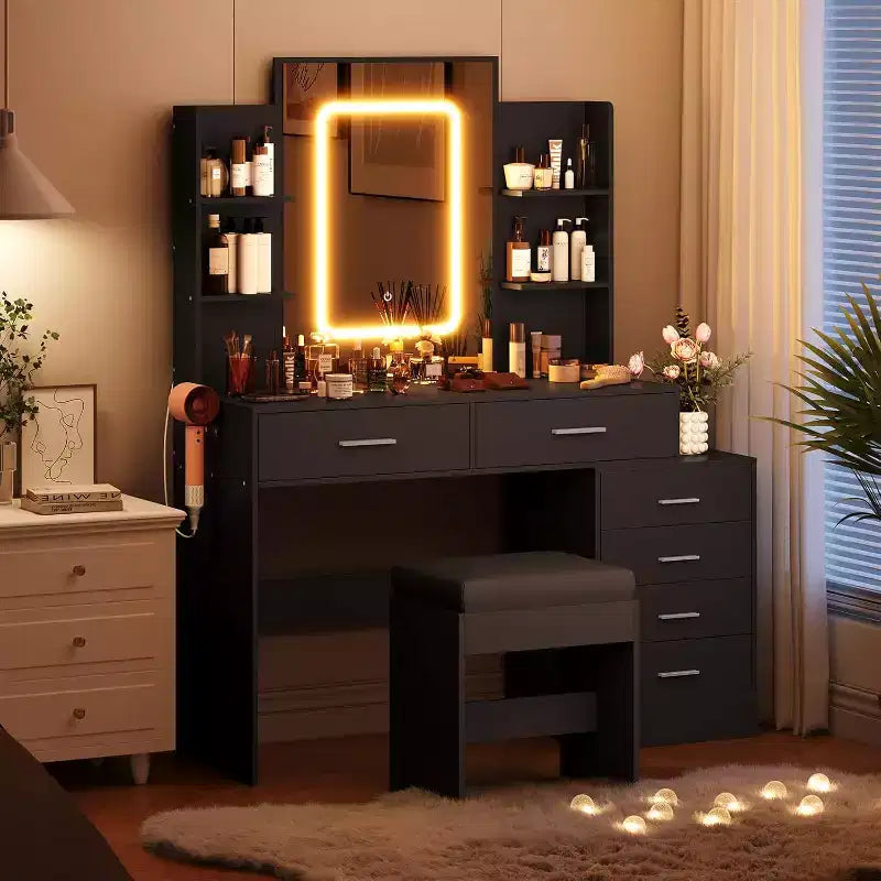 Toeletta con Specchio, Mobile Trucco con Cassetti e Stazione di Ricarica, 3 Colori di Illuminazione Regolabili