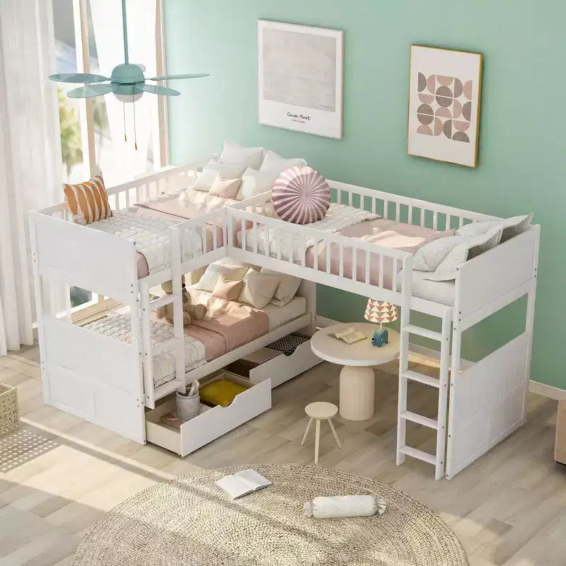 Letto a soppalco triplo Twin Sleeper con cassetti e area giochi, salvaspazio per bambini