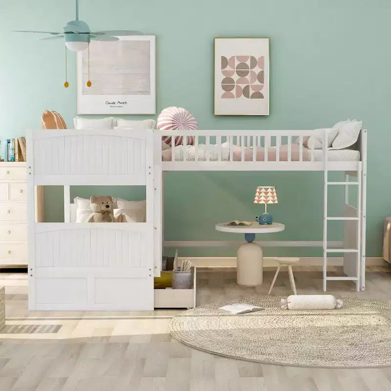 Letto a soppalco triplo Twin Sleeper con cassetti e area giochi, salvaspazio per bambini