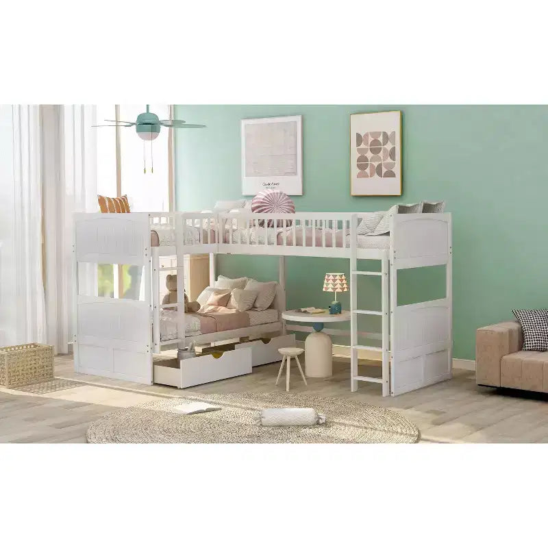 Letto a soppalco triplo Twin Sleeper con cassetti e area giochi, salvaspazio per bambini