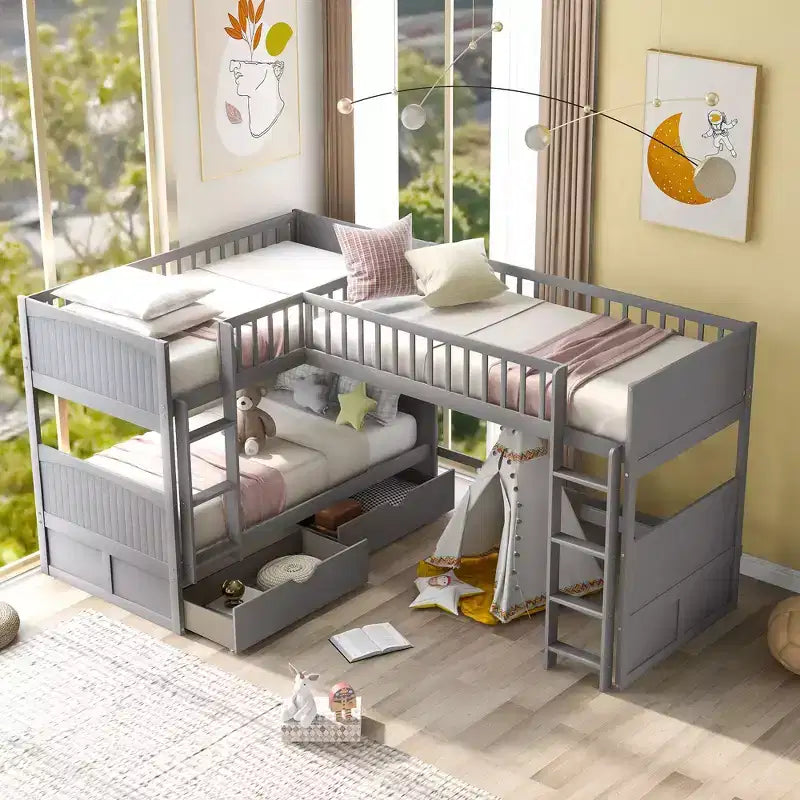 Letto a soppalco triplo Twin Sleeper con cassetti e area giochi, salvaspazio per bambini