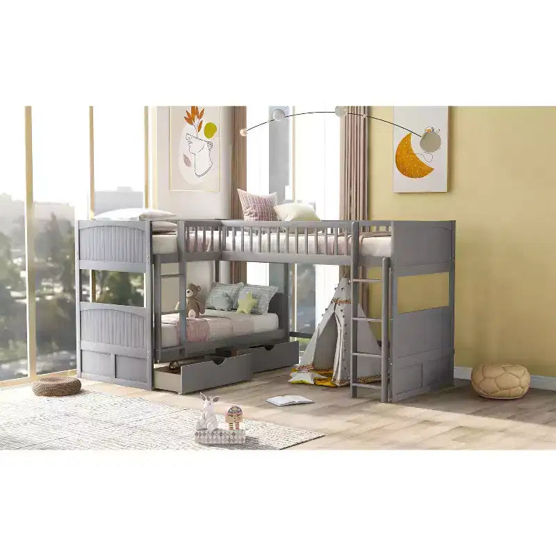Letto a soppalco triplo Twin Sleeper con cassetti e area giochi, salvaspazio per bambini