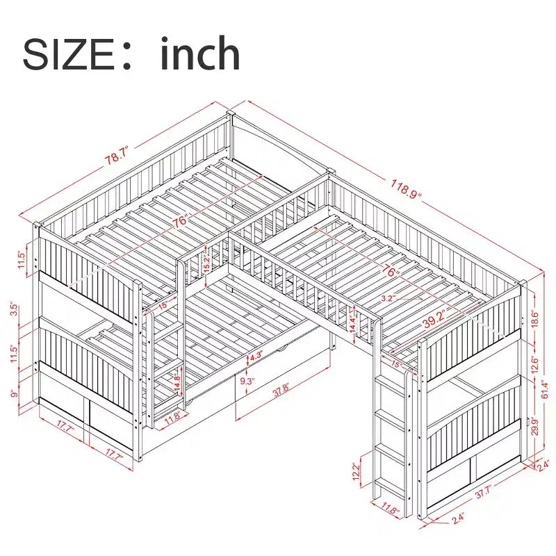 Letto a soppalco triplo Twin Sleeper con cassetti e area giochi, salvaspazio per bambini
