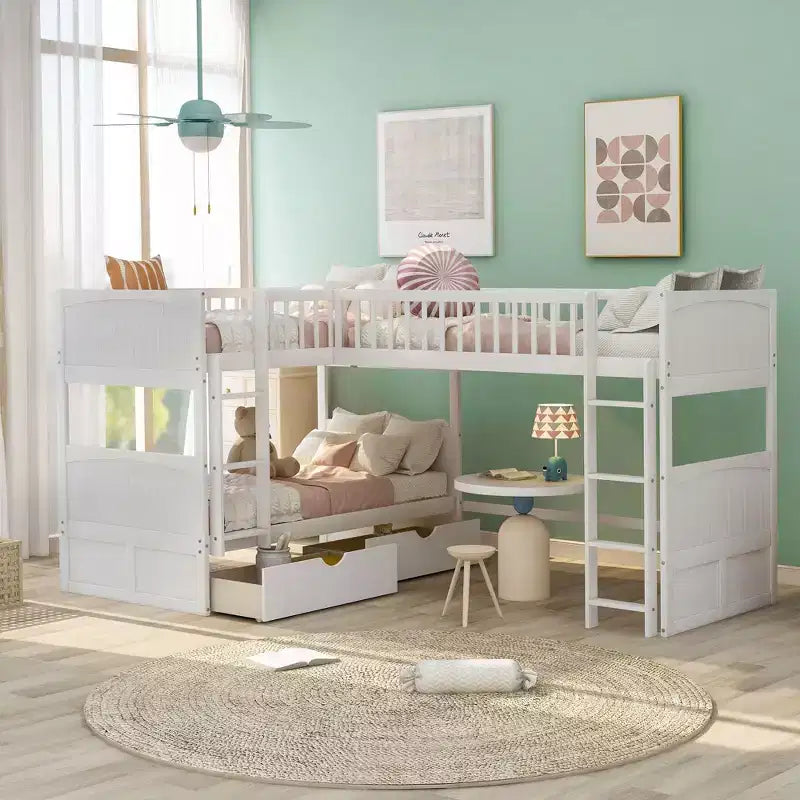 Letto a soppalco triplo Twin Sleeper con cassetti e area giochi, salvaspazio per bambini
