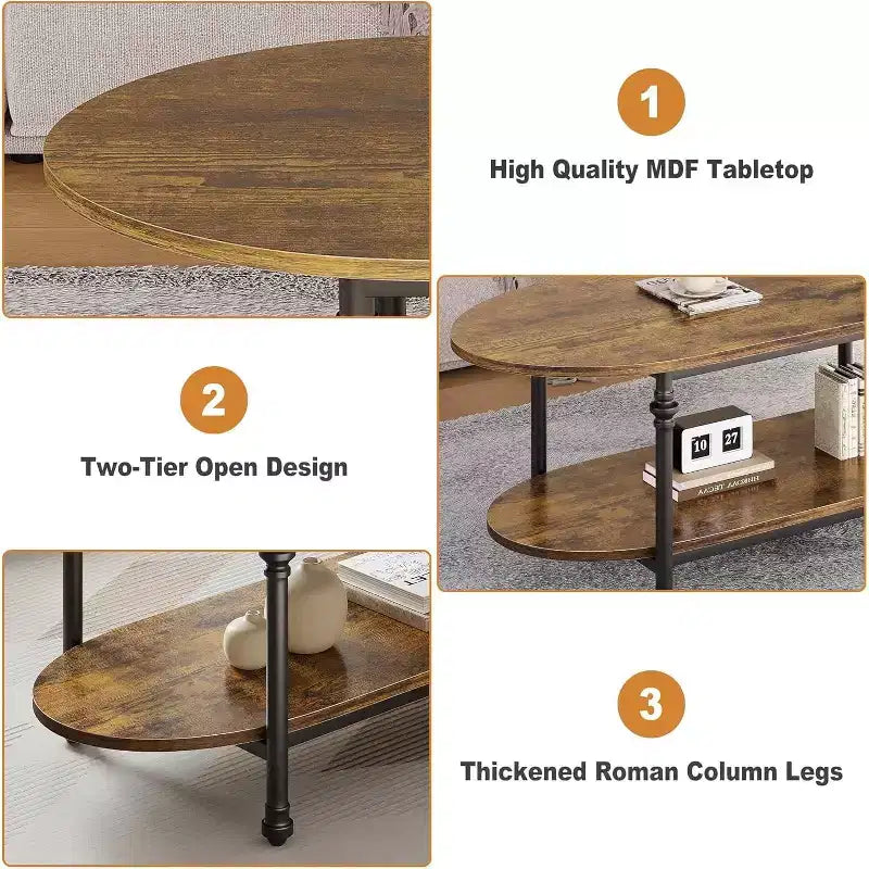 Tavolino da salotto, tavolino ovale a 2 livelli in legno con gambe in metallo a colonna romana e ripiano aperto, tavolino da cocktail industriale