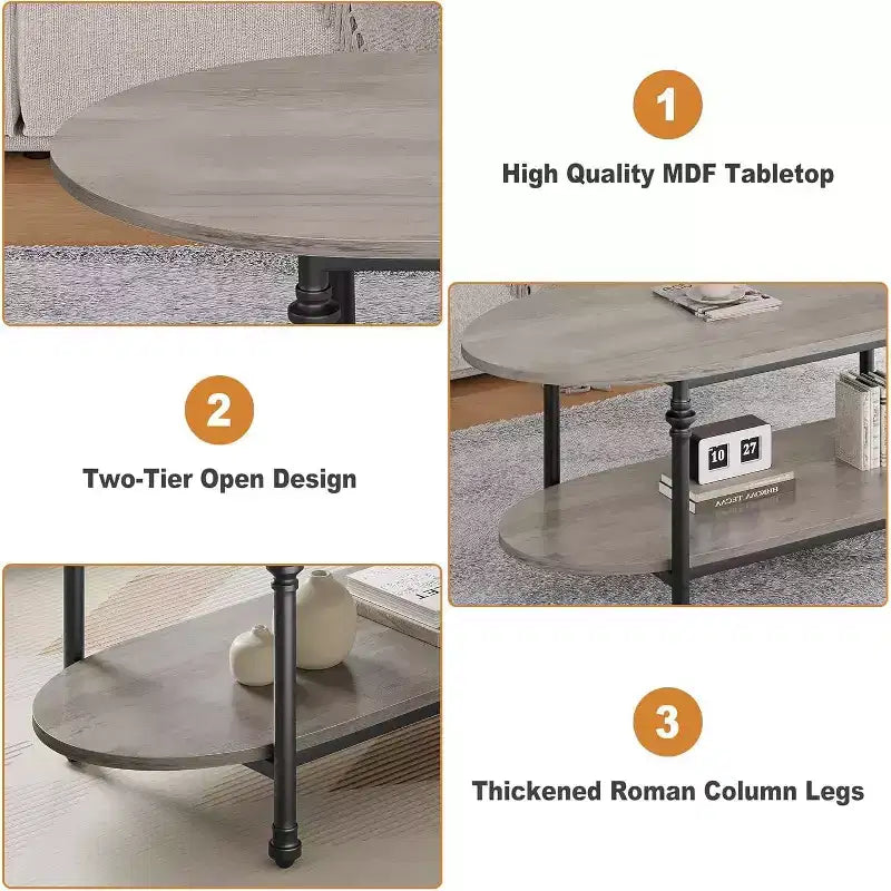 Tavolino da salotto, tavolino ovale a 2 livelli in legno con gambe in metallo a colonna romana e ripiano aperto, tavolino da cocktail industriale