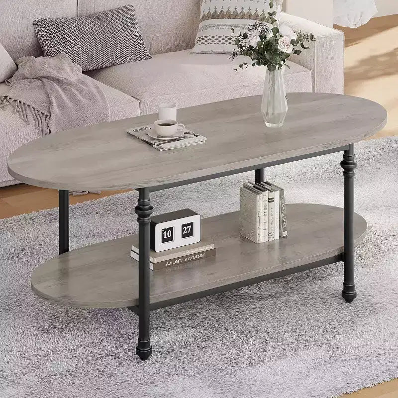 Tavolino da salotto, tavolino ovale a 2 livelli in legno con gambe in metallo a colonna romana e ripiano aperto, tavolino da cocktail industriale