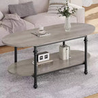 Tavolino da salotto, tavolino ovale a 2 livelli in legno con gambe in metallo a colonna romana e ripiano aperto, tavolino da cocktail industriale