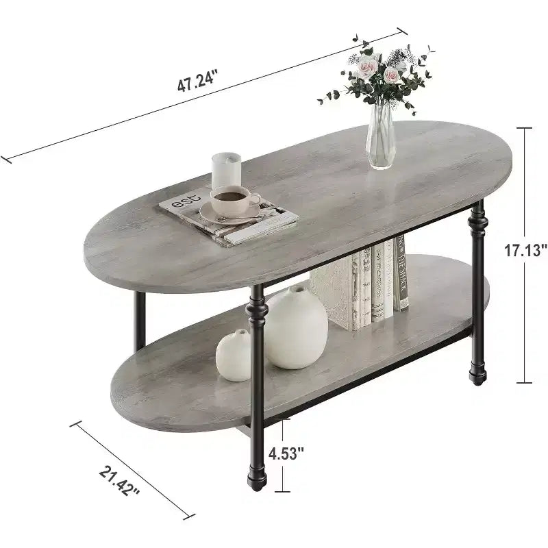 Tavolino da salotto, tavolino ovale a 2 livelli in legno con gambe in metallo a colonna romana e ripiano aperto, tavolino da cocktail industriale