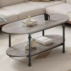 Coffee Table, 2 Tier Wood Oval Coffee Table with Roman Column Metal Legs and Open Shelf, Industrail Center Table Cocktail Tea Table