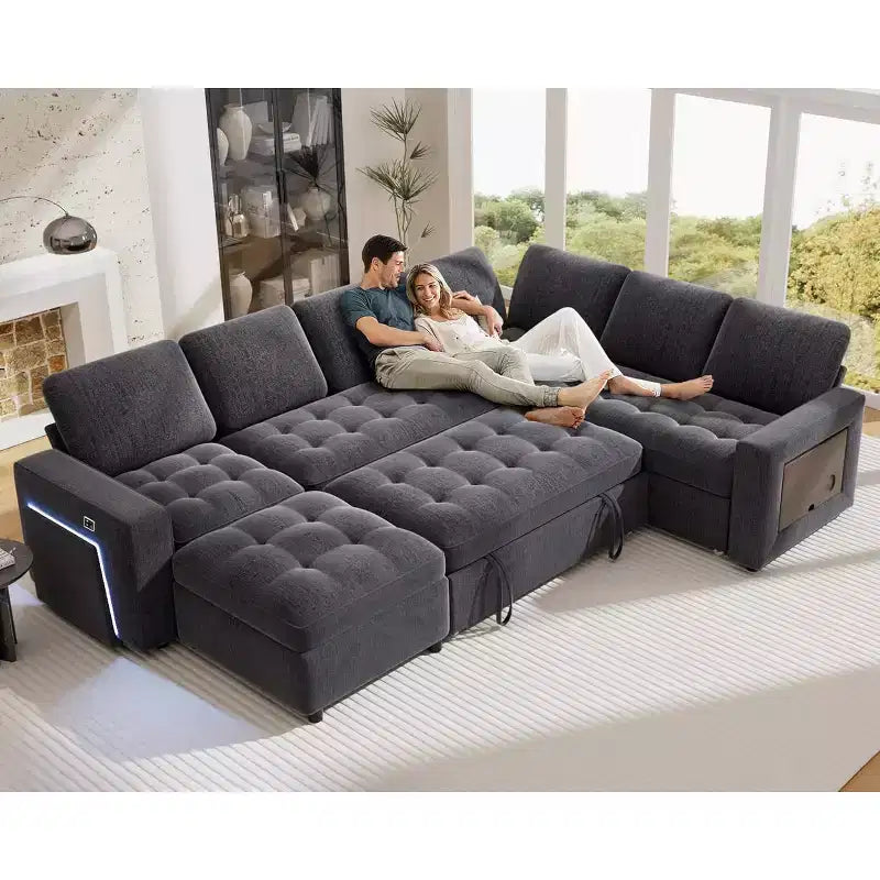 Divano letto a 7 posti con letto estraibile, schienali regolabili e vano contenitore