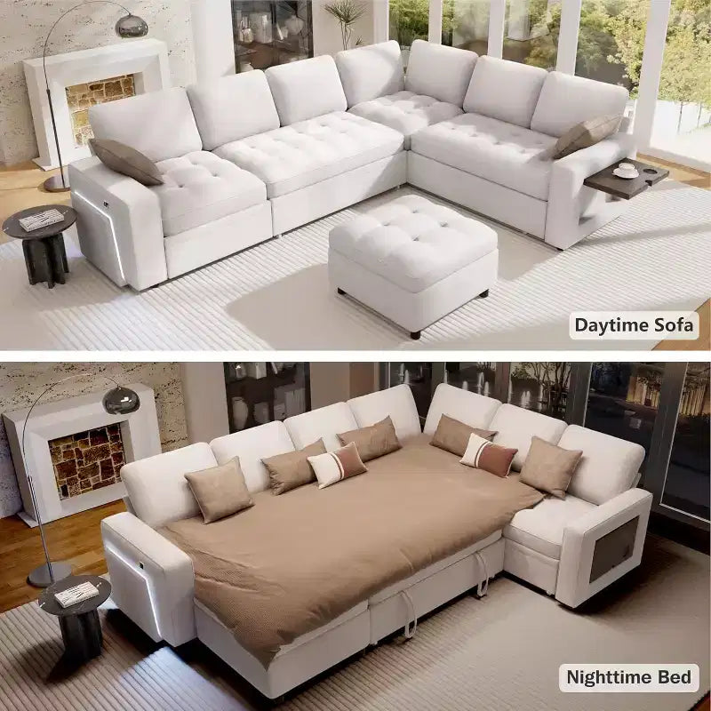 Divano letto a 7 posti con letto estraibile, schienali regolabili e vano contenitore