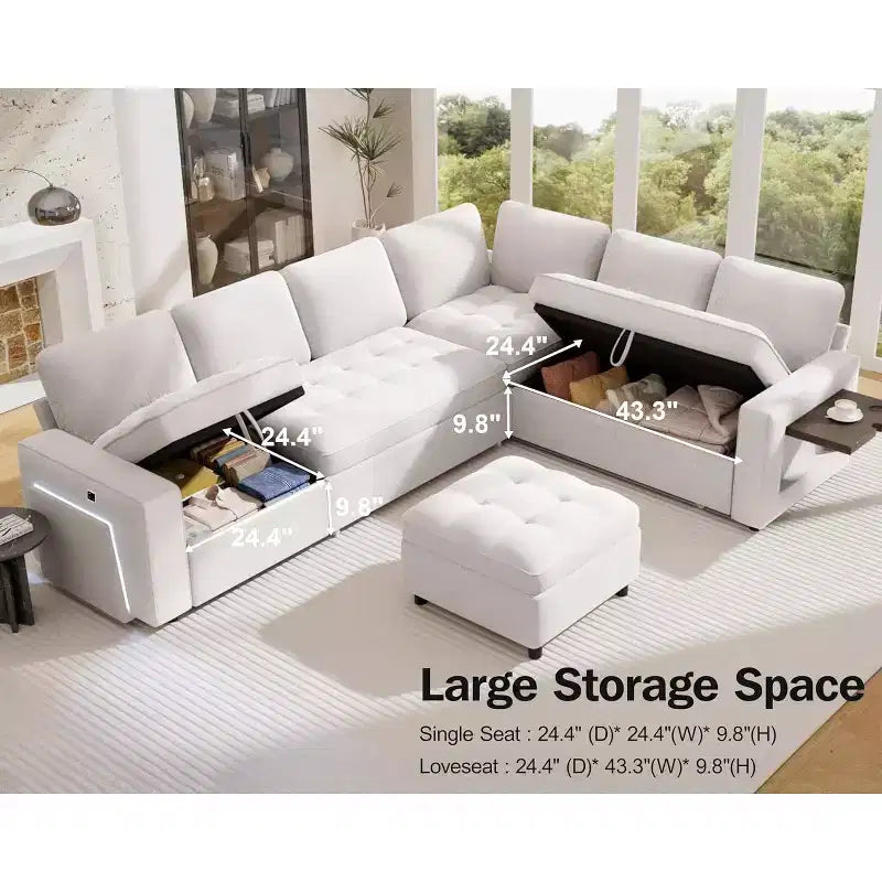 Divano letto a 7 posti con letto estraibile, schienali regolabili e vano contenitore
