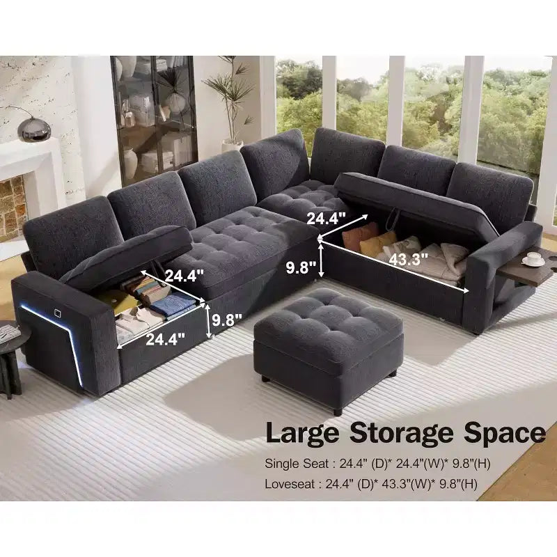 Divano letto a 7 posti con letto estraibile, schienali regolabili e vano contenitore