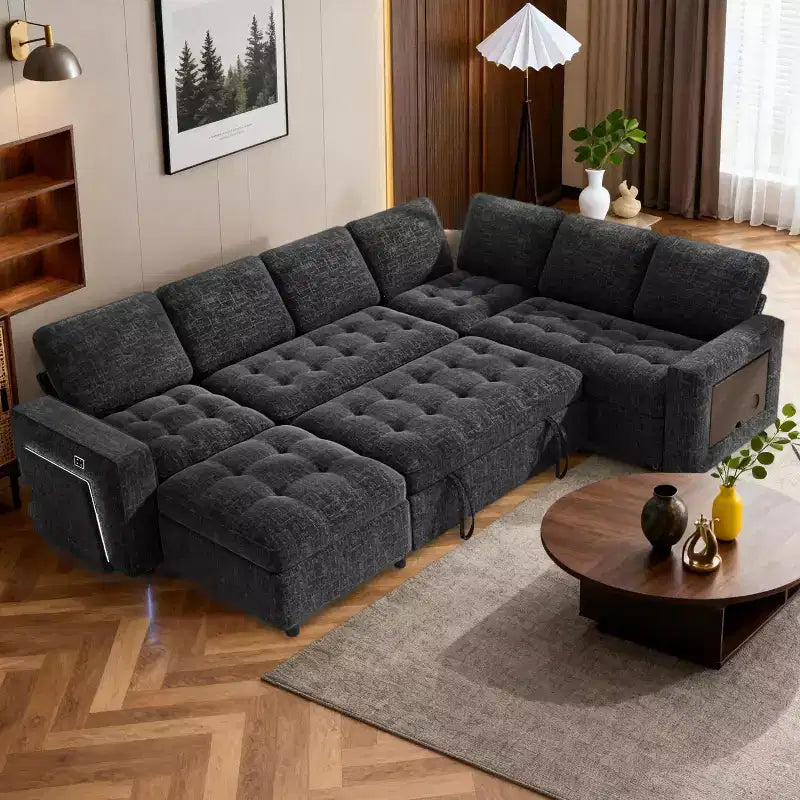 Divano letto a 7 posti con letto estraibile, schienali regolabili e vano contenitore