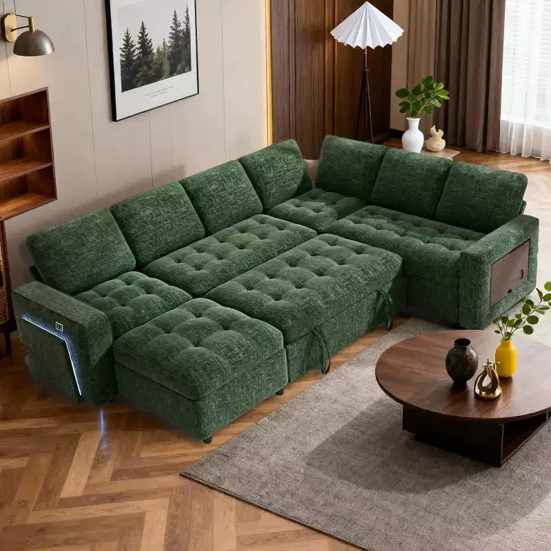 Divano letto a 7 posti con letto estraibile, schienali regolabili e vano contenitore