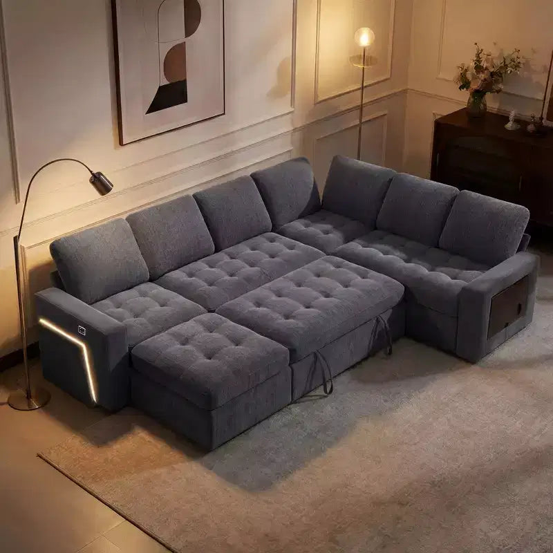 Divano letto a 7 posti con letto estraibile, schienali regolabili e vano contenitore