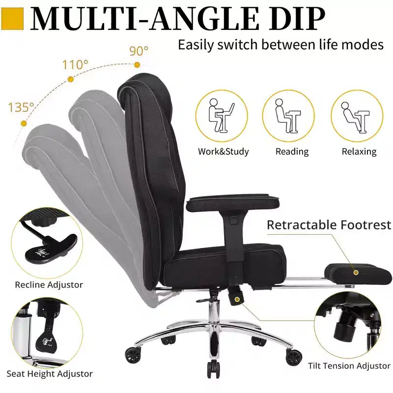 Sedia da Ufficio Ergonomica con Poggiapiedi e Braccioli – Altezza, Supporto Lombare e Nuca Regolabili, Nera