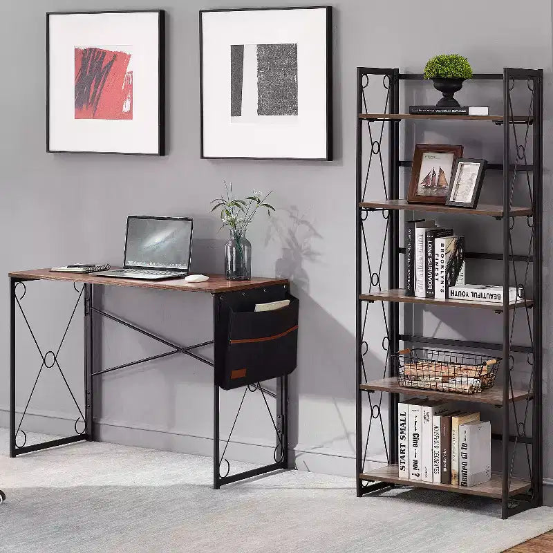 Libreria pieghevole a 5 ripiani – Scaffale organizer autoportante in metallo stile industriale per soggiorno o camera da letto, marrone