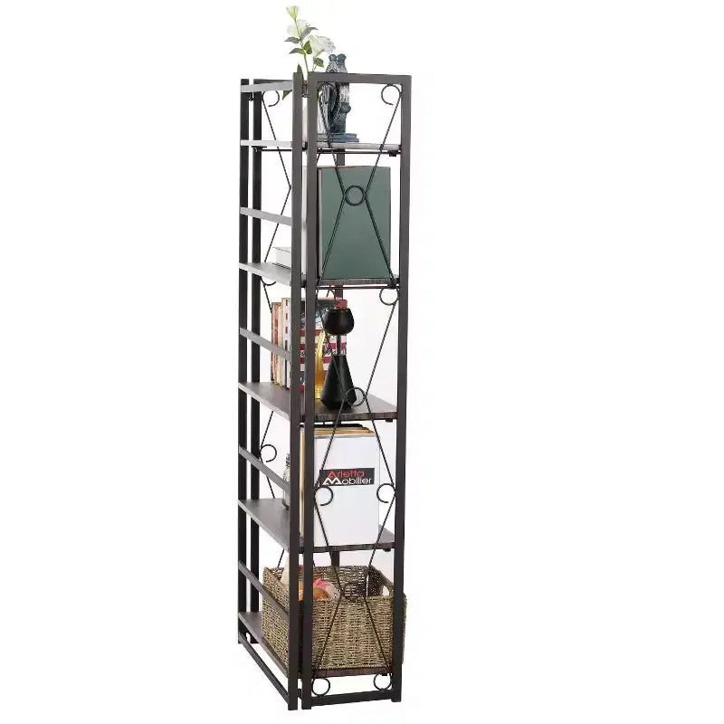 Libreria pieghevole a 5 ripiani – Scaffale organizer autoportante in metallo stile industriale per soggiorno o camera da letto, marrone