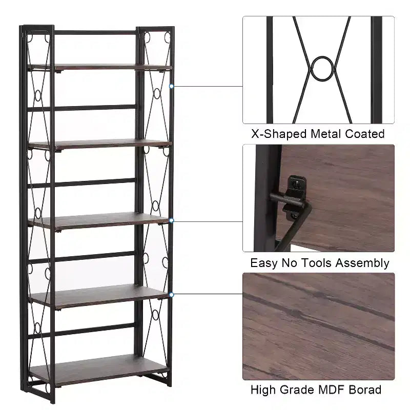 Libreria pieghevole a 5 ripiani – Scaffale organizer autoportante in metallo stile industriale per soggiorno o camera da letto, marrone
