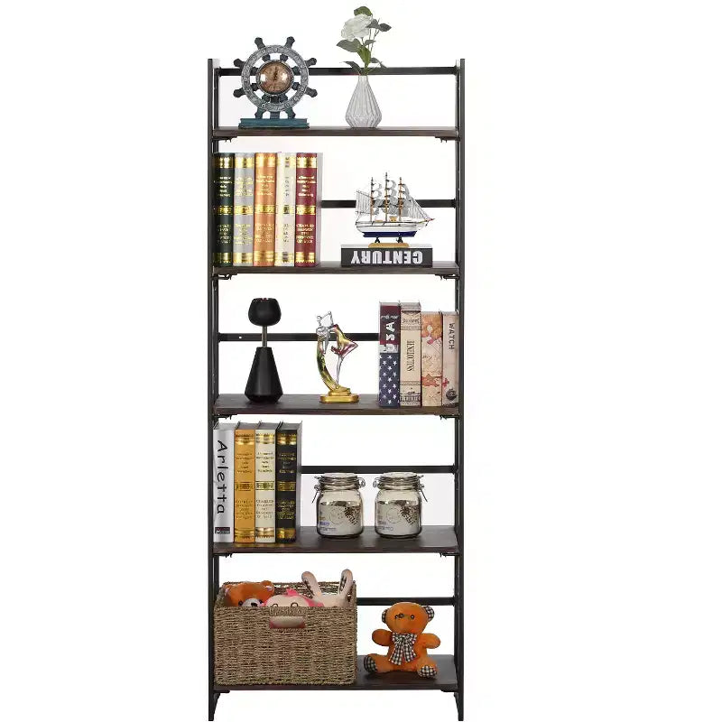 Libreria pieghevole a 5 ripiani – Scaffale organizer autoportante in metallo stile industriale per soggiorno o camera da letto, marrone