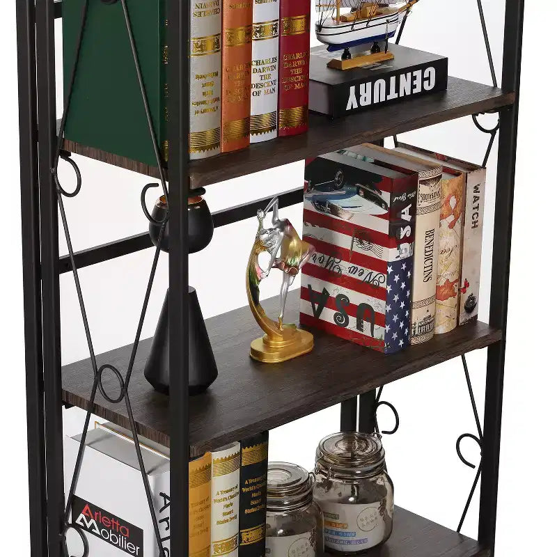 Libreria pieghevole a 5 ripiani – Scaffale organizer autoportante in metallo stile industriale per soggiorno o camera da letto, marrone