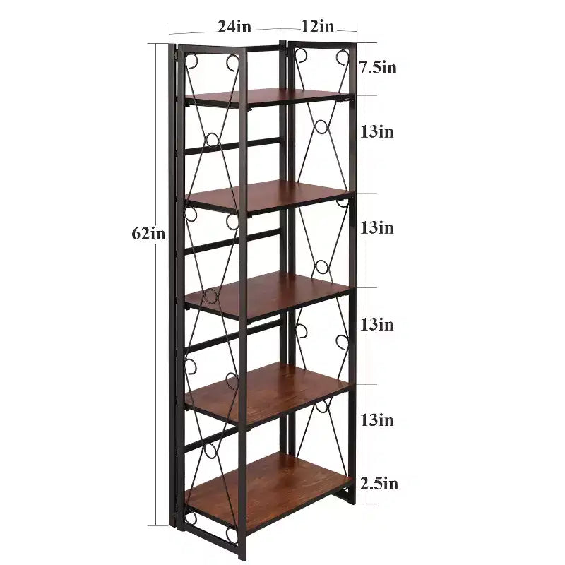 Libreria pieghevole a 5 ripiani – Scaffale organizer autoportante in metallo stile industriale per soggiorno o camera da letto, marrone