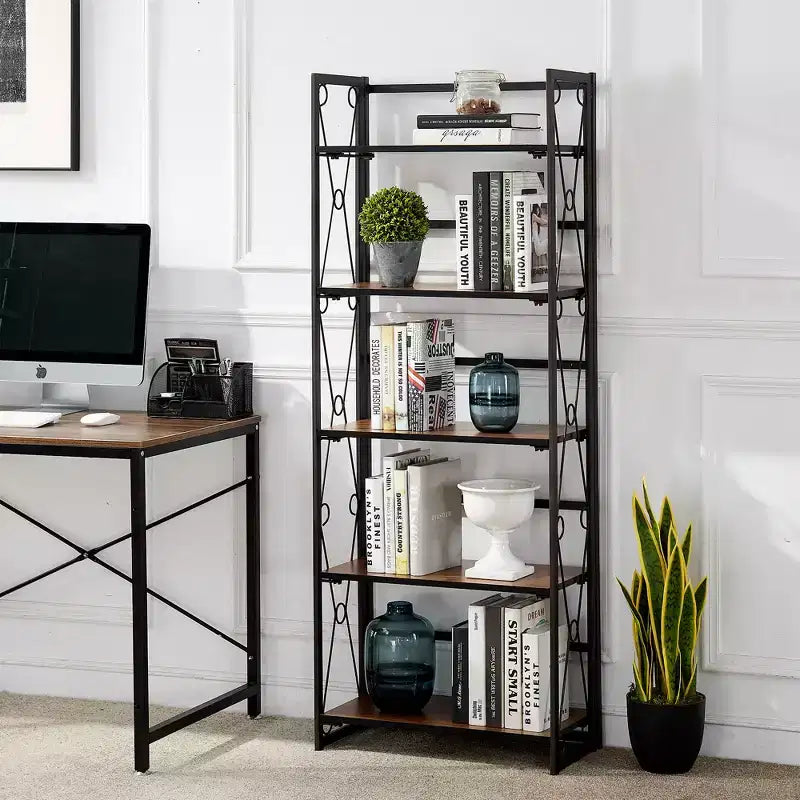 Libreria pieghevole a 5 ripiani – Scaffale organizer autoportante in metallo stile industriale per soggiorno o camera da letto, marrone