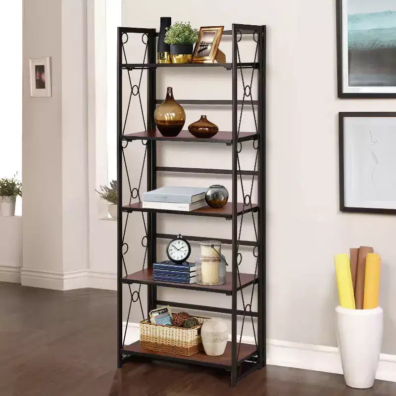 Libreria pieghevole a 5 ripiani – Scaffale organizer autoportante in metallo stile industriale per soggiorno o camera da letto, marrone