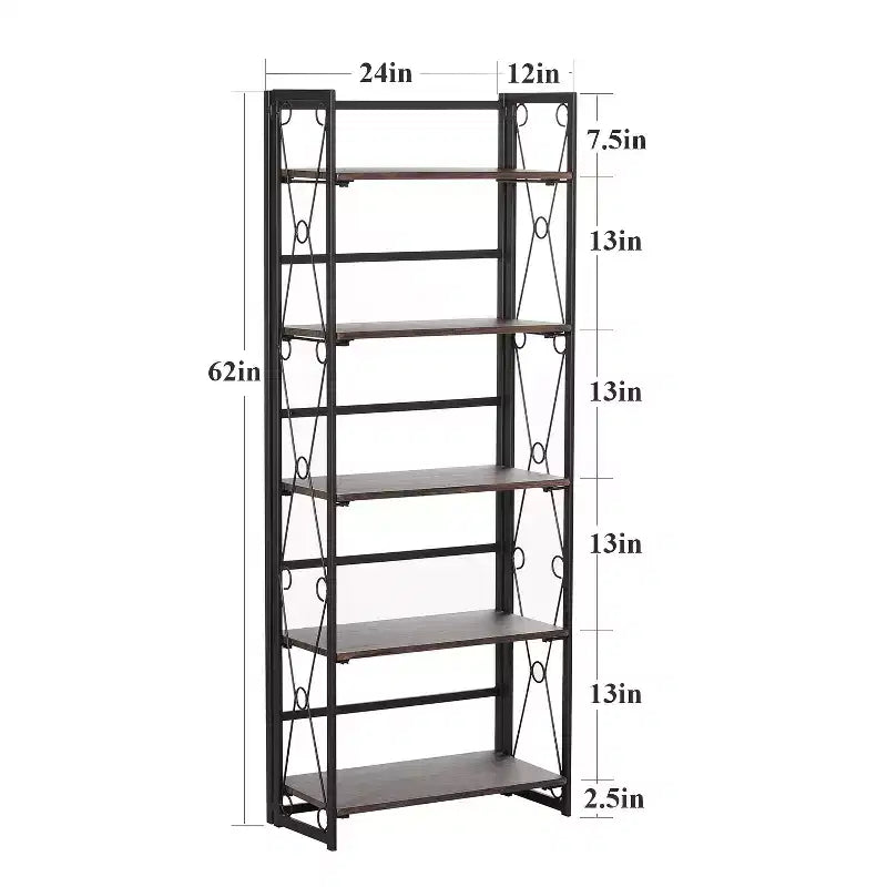 Libreria pieghevole a 5 ripiani – Scaffale organizer autoportante in metallo stile industriale per soggiorno o camera da letto, marrone