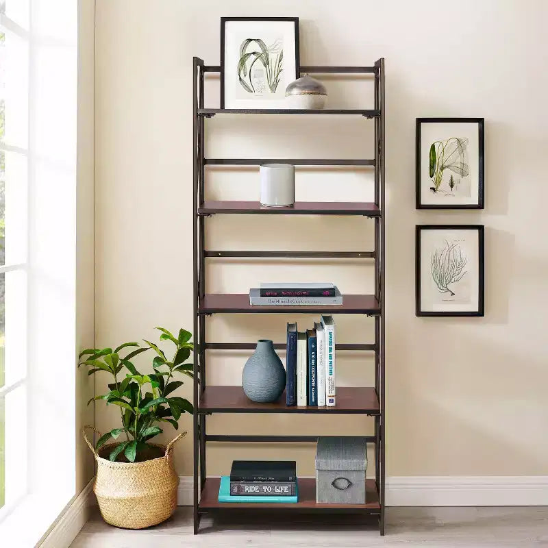 Libreria pieghevole a 5 ripiani – Scaffale organizer autoportante in metallo stile industriale per soggiorno o camera da letto, marrone