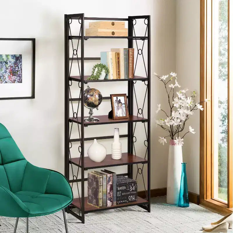 Libreria pieghevole a 5 ripiani – Scaffale organizer autoportante in metallo stile industriale per soggiorno o camera da letto, marrone
