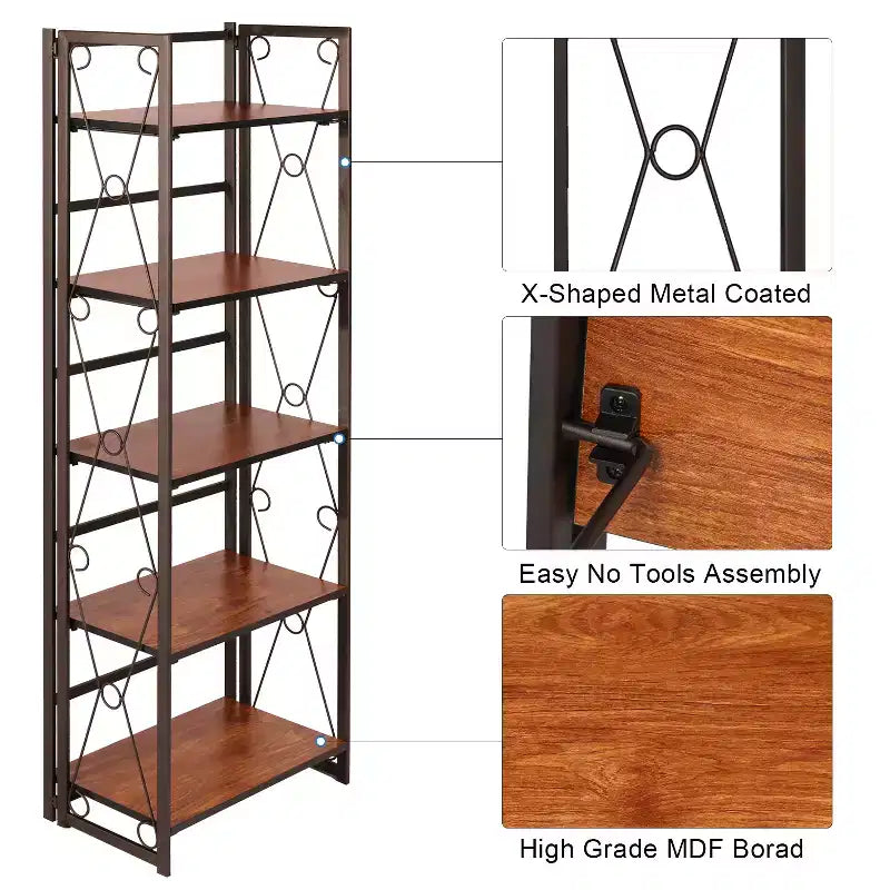 Libreria pieghevole a 5 ripiani – Scaffale organizer autoportante in metallo stile industriale per soggiorno o camera da letto, marrone