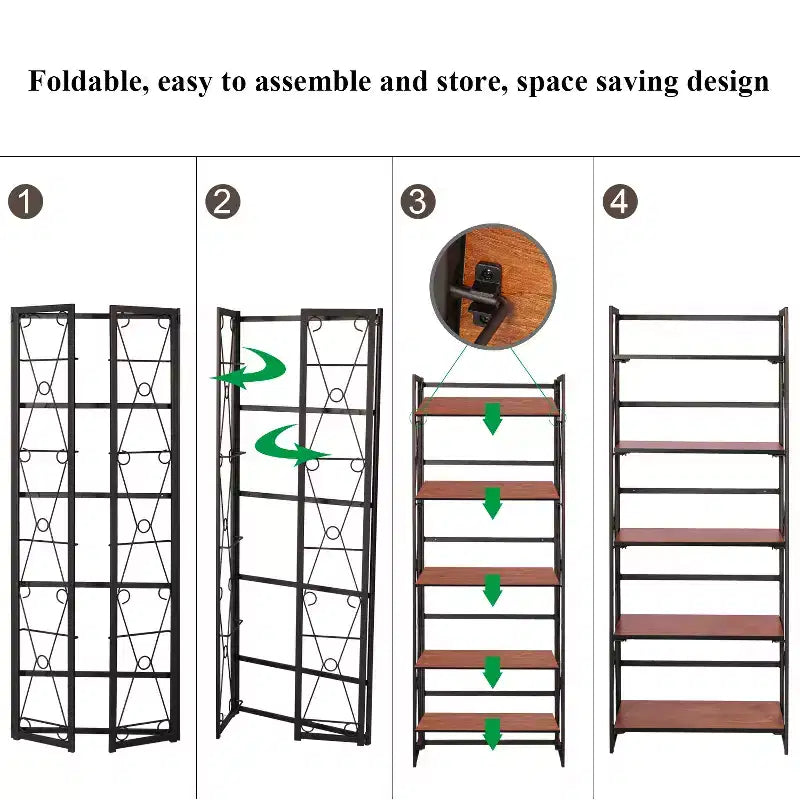 Libreria pieghevole a 5 ripiani – Scaffale organizer autoportante in metallo stile industriale per soggiorno o camera da letto, marrone