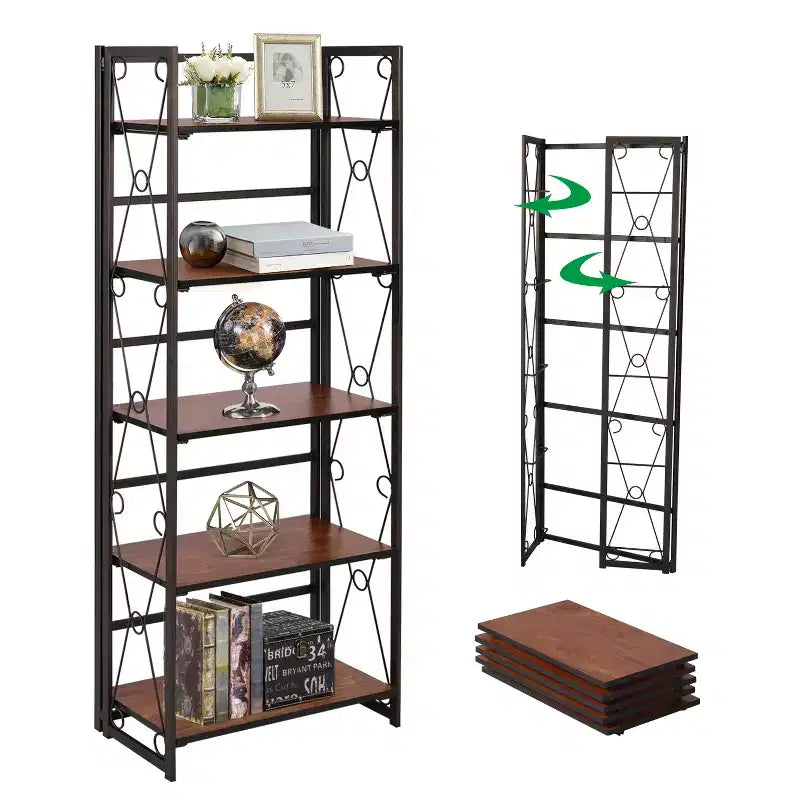 Libreria pieghevole a 5 ripiani – Scaffale organizer autoportante in metallo stile industriale per soggiorno o camera da letto, marrone