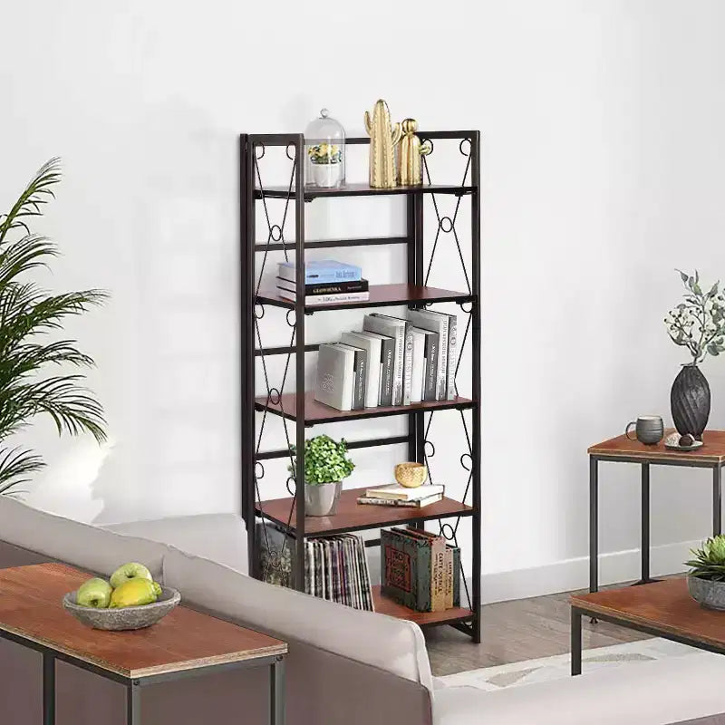 Libreria pieghevole a 5 ripiani – Scaffale organizer autoportante in metallo stile industriale per soggiorno o camera da letto, marrone