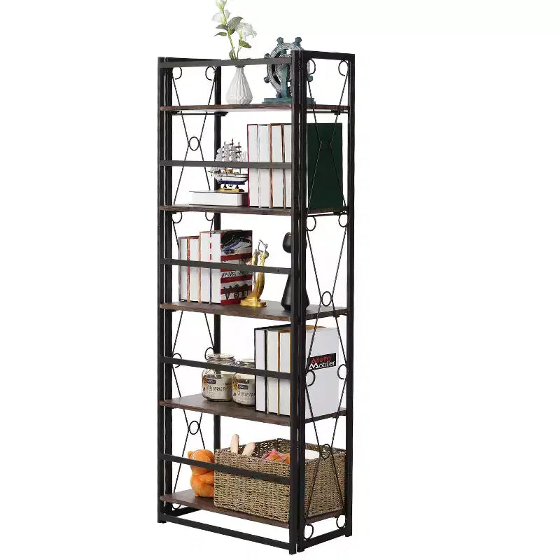 Libreria pieghevole a 5 ripiani – Scaffale organizer autoportante in metallo stile industriale per soggiorno o camera da letto, marrone