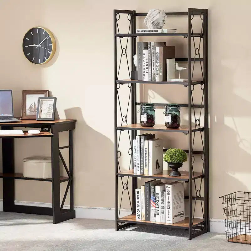 Libreria pieghevole a 5 ripiani – Scaffale organizer autoportante in metallo stile industriale per soggiorno o camera da letto, marrone